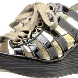 Fly London Yito Black Patent Leather Lace Up Wedge Sandals Sz 39 / 9